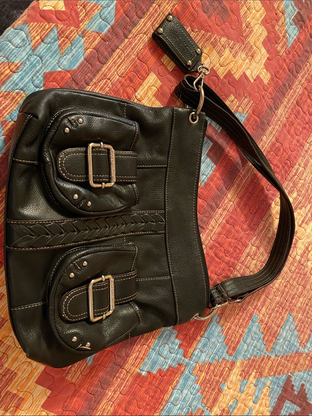 Tignanello Black Leather Shoulder Bag with Buckle Pockets